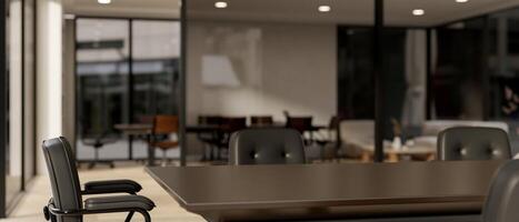 A close-up image of a space for displaying products on a meeting table in a modern meeting room. photo