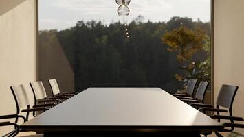 A meeting table in a modern, luxurious meeting room features sunlight streaming through a window. photo