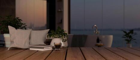 A space on a wooden table for displaying products in a modern, luxurious bathroom at nighttime. photo