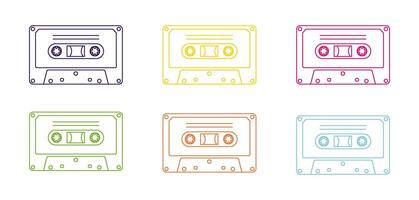 90s retro elements. Set of cassettes with audio tapes. Aesthetics of the 90s. Line art graphics vector