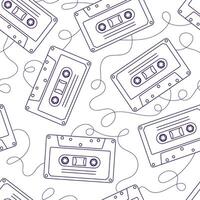 90s retro elements. Seamless pattern of cassettes with audio tapes. Aesthetics of the 90s. Line art graphics vector