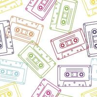 90s retro elements. Seamless pattern of cassettes with audio tapes. Aesthetics of the 90s. Line art graphics vector