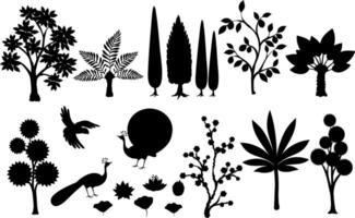 Traditional Mughal garden with trees, palms, lotus, peacock set pf silhouettes vector