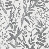 Seamless monochrome pattern with green wild herbs, wheat spikelets. Hand drawn vector