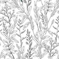 Seamless black and white pattern with green wild herbs, wheat spikelets. vector