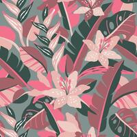 Seamless abstract pattern with Tropical leaves, lily flowers. vector