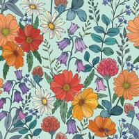 Seamless pattern with different wild herbs and flower. Botanical, decorative wildflowers. vector