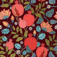 Pomegranate Garnet leaf and flowers pattern. Red garnet seamless pattern. Pomegranate Garnet fruit. vector