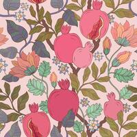 Pomegranate leaf and flowers pattern. Red garnet seamless pattern. Pomegranate Garnet fruit. vector