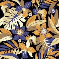 Seamless abstract pattern with Tropical leaves and flowers on black background. Jungle plants design. vector