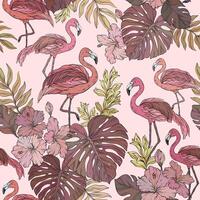tropical pattern with pink flamingo and palm leaves and flowers on pink background. Abstract summer pattern vector