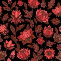 Floral line art texture pattern with decorative flowers and leaves. Seamless pattern vector