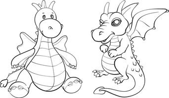 Two dragons set. Funny fantasy characters, isolated on white background. Black and white. vector