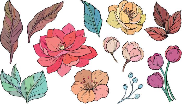Set of design elements with decorative flowers