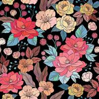textile design with decorative flowers on black background, vector