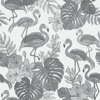 seamless monochrome tropical pattern with pink flamingo and palm leaves and flowers on black background. Abstract summer pattern vector