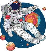 Astronaut in a space suit is flying against space next to planets and stars. vector