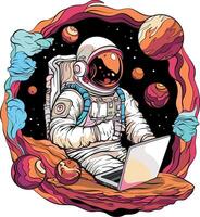 Astronaut in spacesuit working using laptop computer. Universe with planets in the background vector