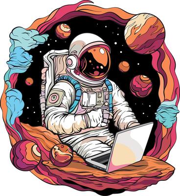 Astronaut in spacesuit working using laptop computer. Universe with planets in the background