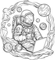 Astronaut in spacesuit working using laptop computer. Universe with planets in the background, illustration in sketch art style vector