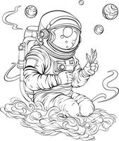 Outline astronaut holding a plant in his hand against the backdrop of the planet, star clouds, space vector