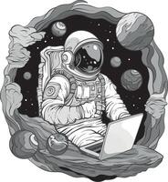 Astronaut in spacesuit working using laptop computer. Universe with planets in the background, monochrome vector
