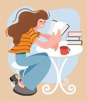Contemporary female student in casual clothes sitting at cafe table and reading book while doing homework in cafeteria vector