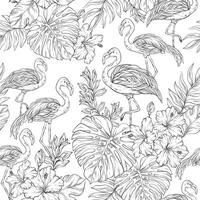 seamless outline tropical pattern with pink flamingo and palm leaves and flowers on black background. Abstract summer pattern vector