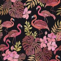 seamless tropical pattern with pink flamingo and palm leaves and flowers on black background. Abstract summer pattern vector