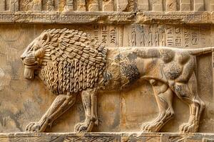 Ancient cuneiform Sumerian text and relief of a lion, a mythical Assyrian deity. Historical background on the theme of civilizations of Assyria, Mesopotamia, Babylon, interfluve, Sumerian photo