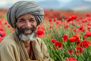 An Afghan man in a turban smiles among a field of poppy flowers. photo