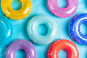 A set of multi-colored rubber inflatable circles for riding in a water park on a water slide photo