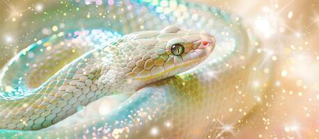 Snake 2025 is the symbol of the coming new year. Beautiful albino .Gorgeous spectacular shiny shiny snake. Dreamy and pensive beautiful symbol of the coming new year Greeting holiday ai generate photo