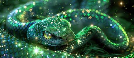 Snake 2025 The green snake is the symbol of the year 2025. Gorgeous wise sparkling snake . Dreamy and pensive beautiful symbol of the coming new year Greeting holiday template ai generate photo
