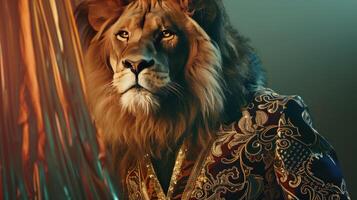 Lion.Portrait of a luxurious magnificent predator in an expensive brocade suit Against a background of a monochrome wall and a shiny curtain Free space to advertise your business AI-Generated photo