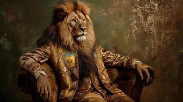 Magnificent lion in a suit sits in an English chair on the background of an aged wall Template for advertising free space under the text AI-Generated photo