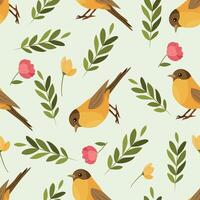 Cute seamless pattern with birds, green branches and flowers. For wrapping paper, children's clothes, bed linen. vector