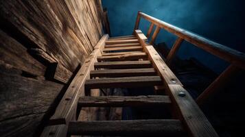 Steep wooden staircase leads into the unknown with a sense of mystery and limitless possibilities. photo