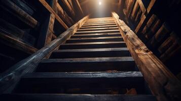 Steep wooden staircase leads into the unknown with a sense of mystery and limitless possibilities. photo