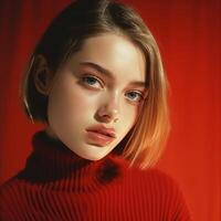 Beautiful girl on a red background. The girl in red. . photo