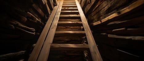 Steep wooden staircase leads into the unknown with a sense of mystery and limitless possibilities. photo