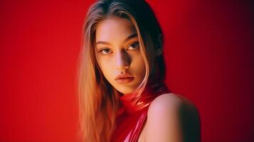 Beautiful girl on a red background. The girl in red. . photo