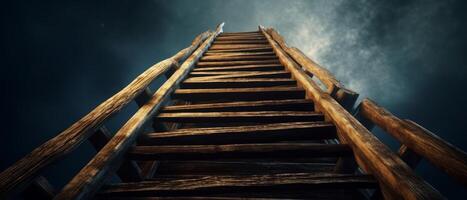 Steep wooden staircase leads into the unknown with a sense of mystery and limitless possibilities. photo