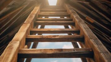 Steep wooden staircase leads into the unknown with a sense of mystery and limitless possibilities. photo