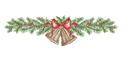 Pine tree branch with Bells ornate with bow and holly. Christmas decorating vintage. Spruce twigs for New Year design. Hand drawn watercolor illustration. Template for wrapping, textile, card, window. png