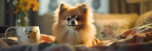 A cute spitz is enjoying a cup of coffee. photo