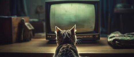 A cat is watching TV in a dark empty room. . photo