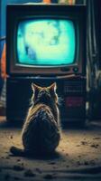 A cat is watching TV in a dark empty room. . photo