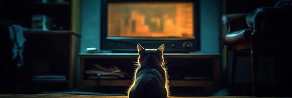 A cat is watching TV in a dark empty room. . photo