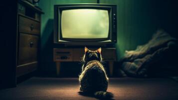 A cat is watching TV in a dark empty room. . photo